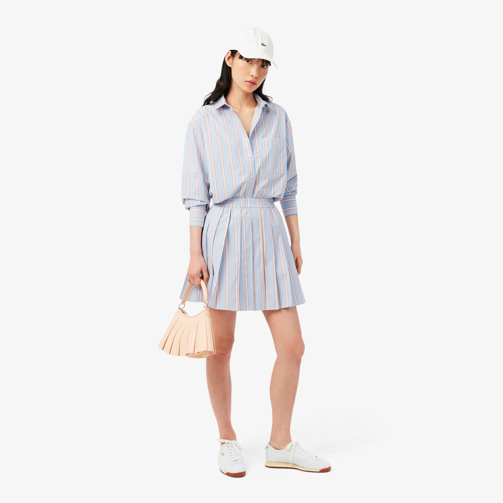 Poplin Short Striped Pleated Skirt - Bleu Clair / Rose / Blanc / Noir