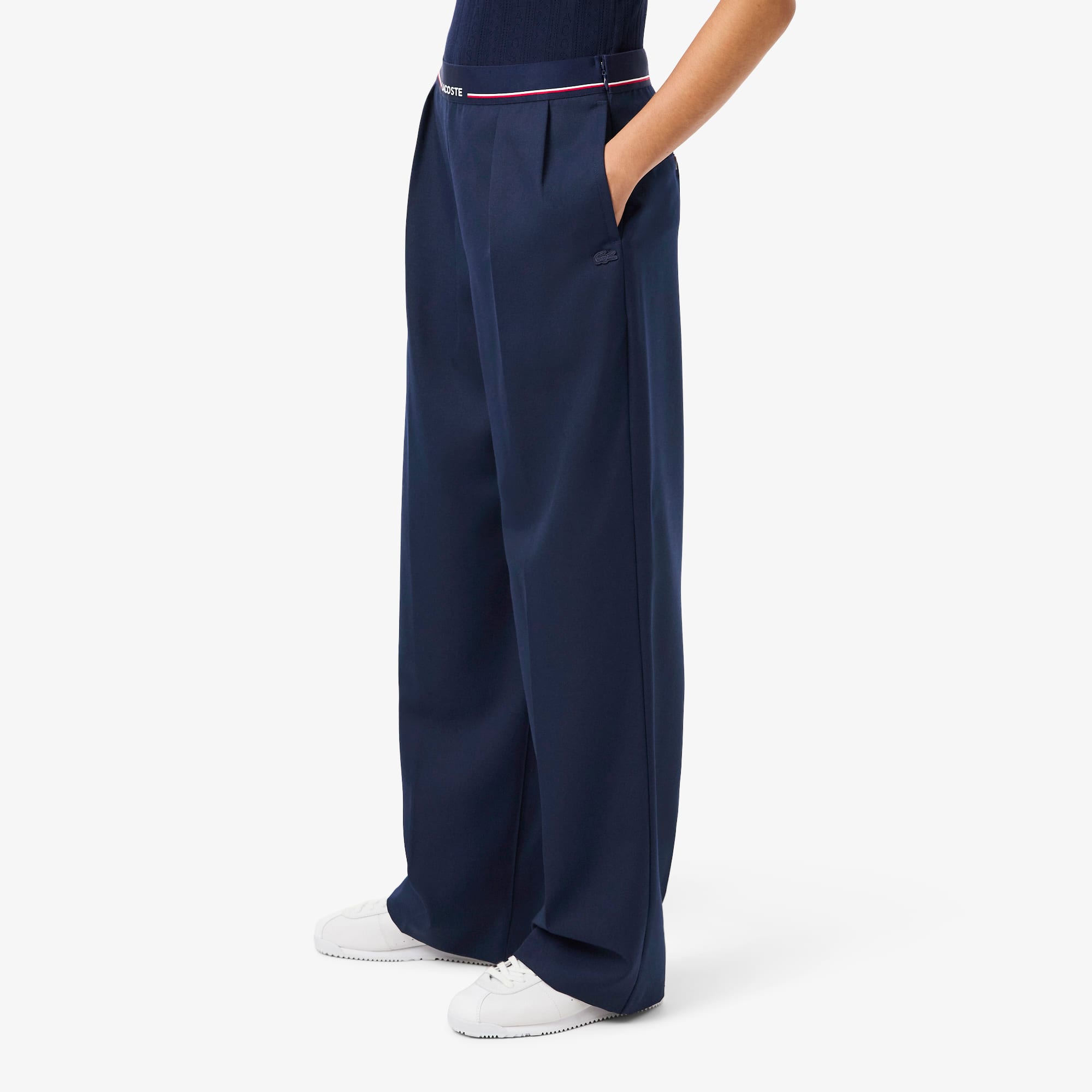 Women's Oversized Wool Blend Pleated Pants - Navy Blue