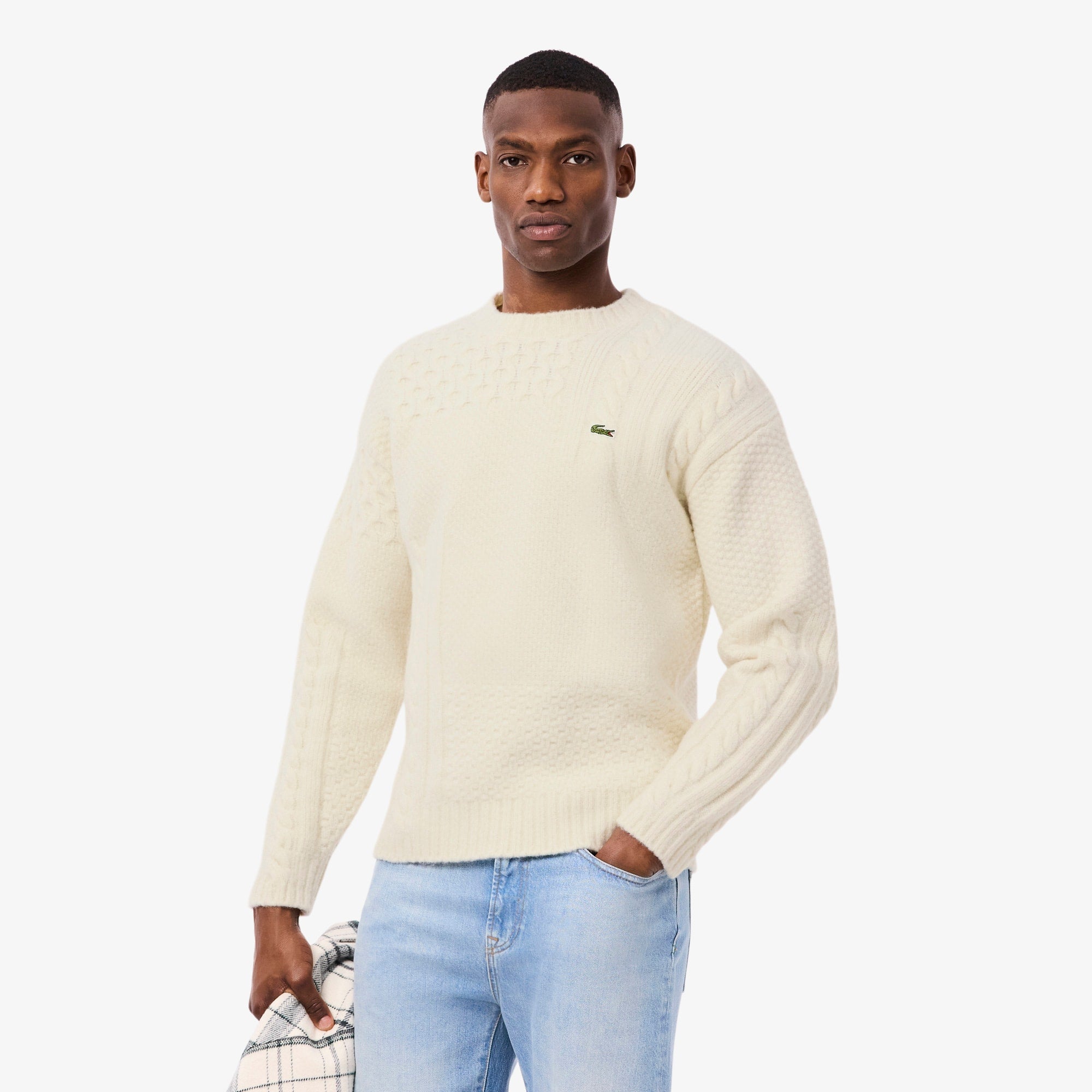 Men's Relaxed Fit Patchwork Effect Wool Sweater - Cream
