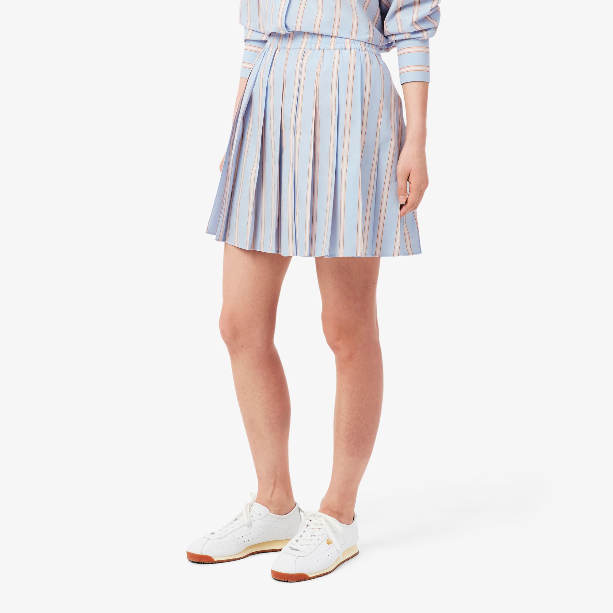 Poplin Short Striped Pleated Skirt - Bleu Clair / Rose / Blanc / Noir