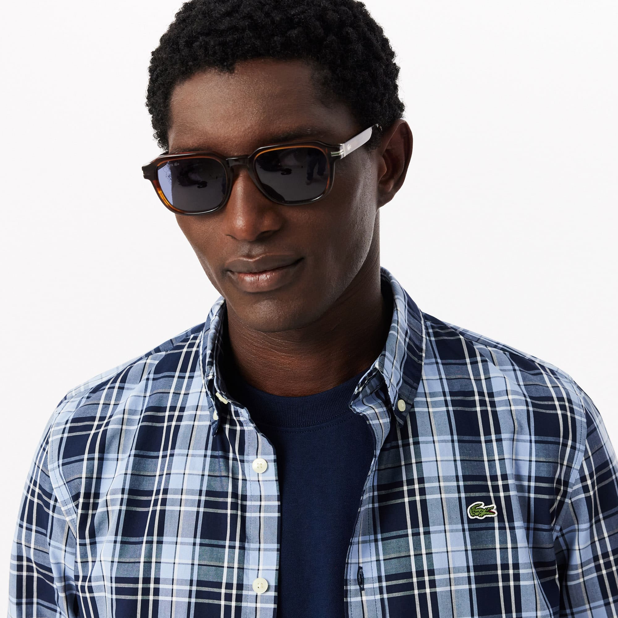 Slim Fit Gingham Print Stretch Poplin Shirt - Bleu Clair / Bleu Marine / Blanc