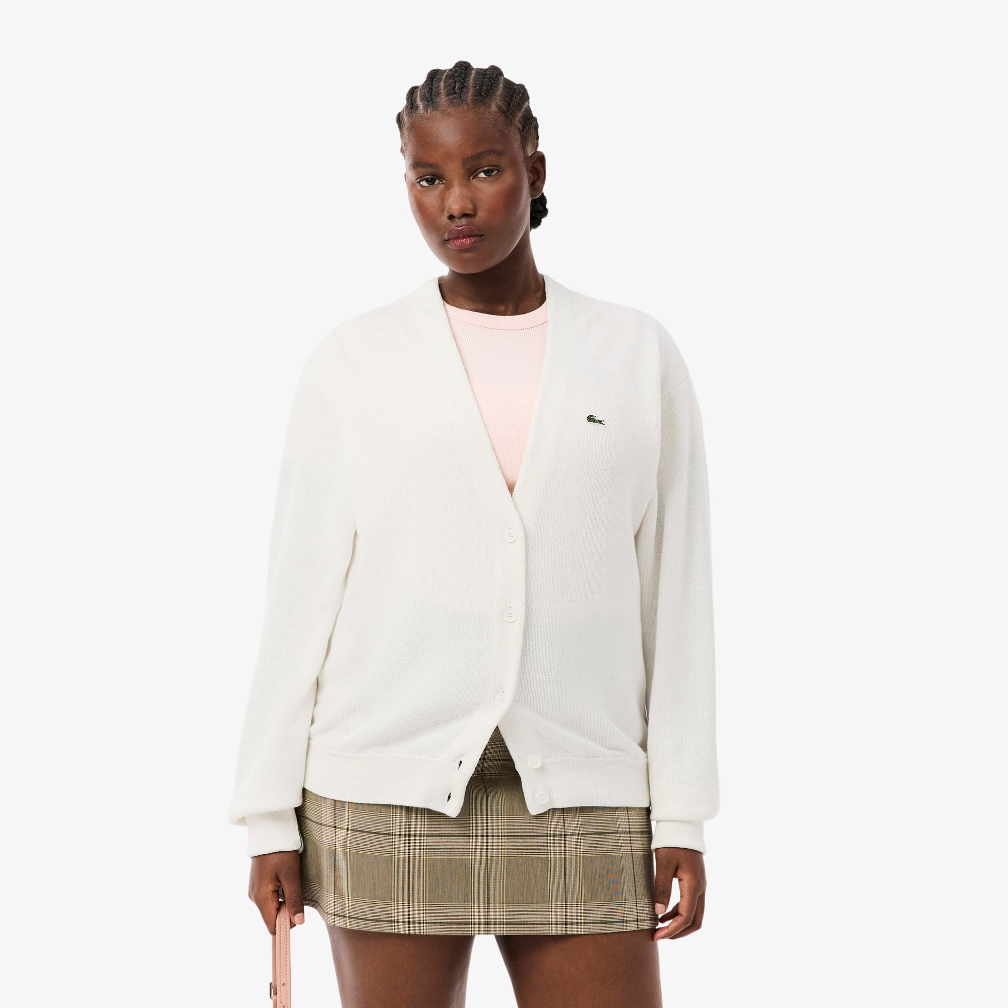 Women's V-Neck Moss Stitch Cotton Cardigan - White