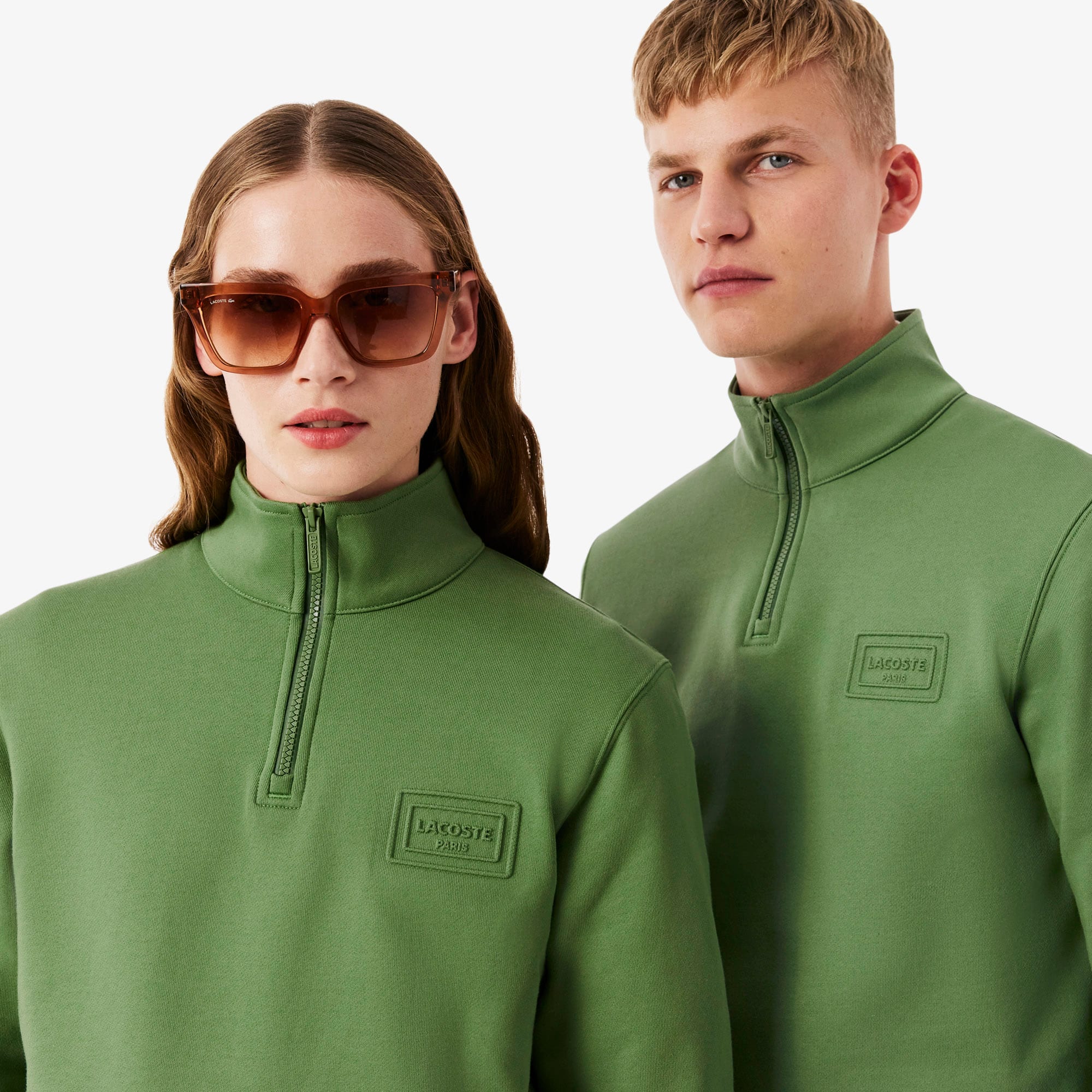 High Neck Embossed Zipped Sweatshirt - Green