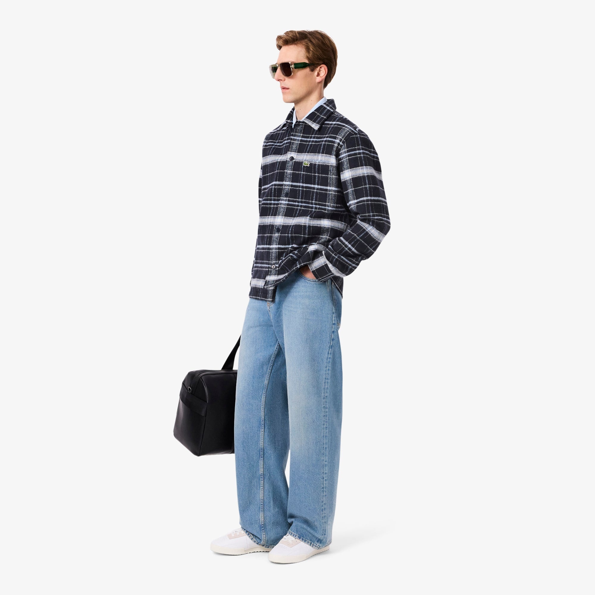 Men's Cotton Plaid Overshirt - Navy Blue / White / Blue