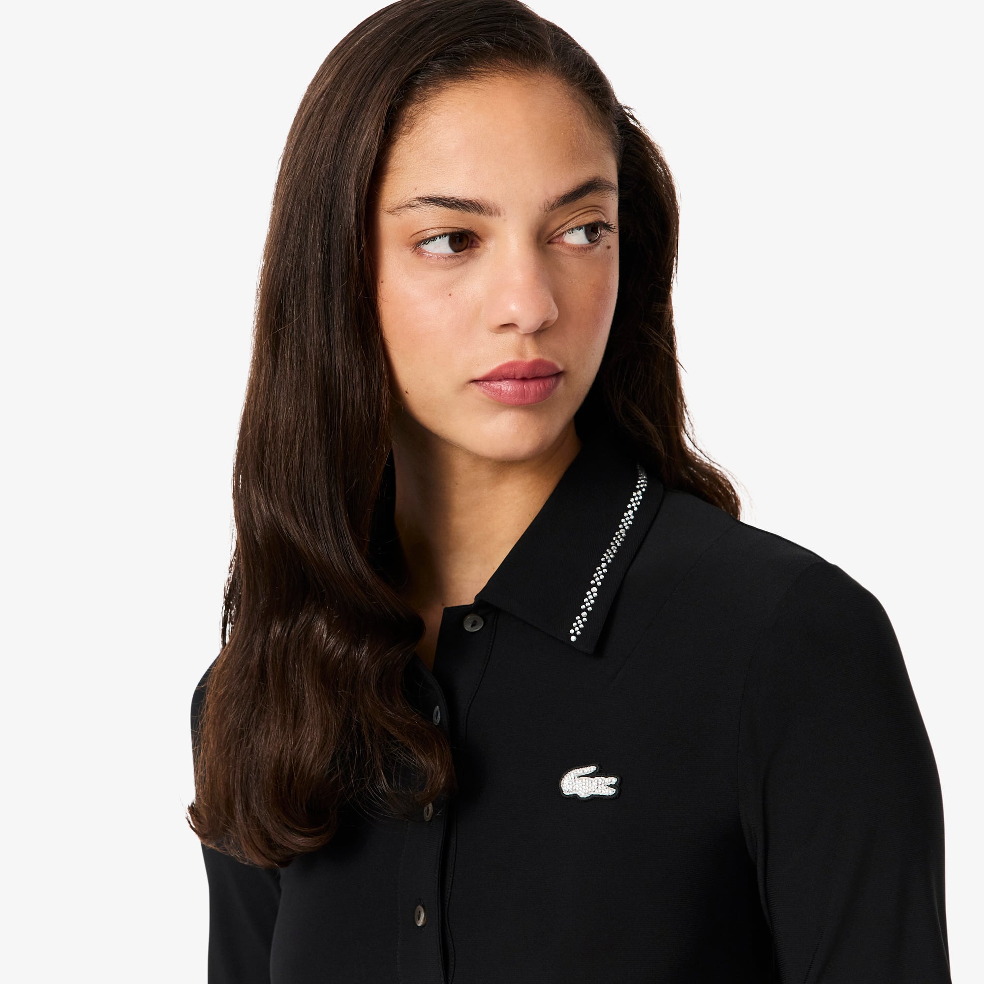 Women's Slim Fit Diamanté Polo Collar Dress - Black