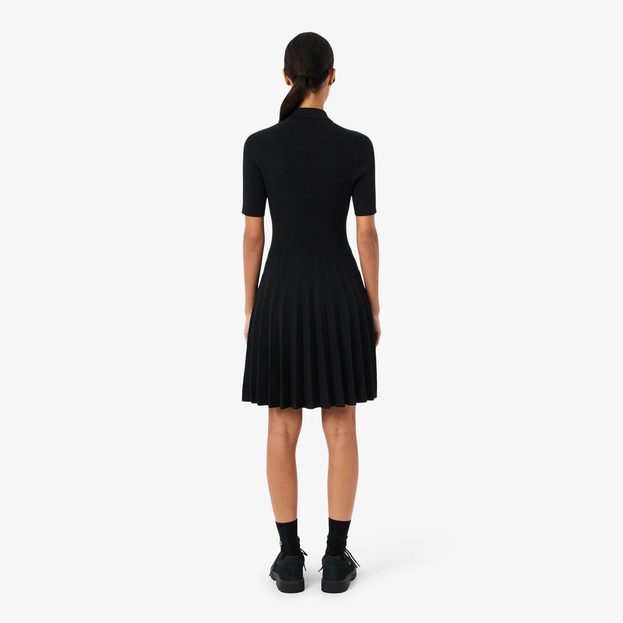 Women's Pleated Polo Collar Dress - Black
