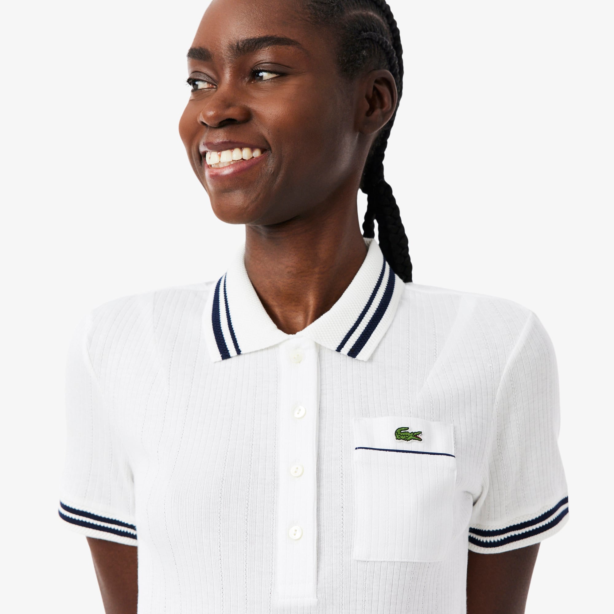 Slim Fit French Made Ribbed Polo - White / Navy Blue