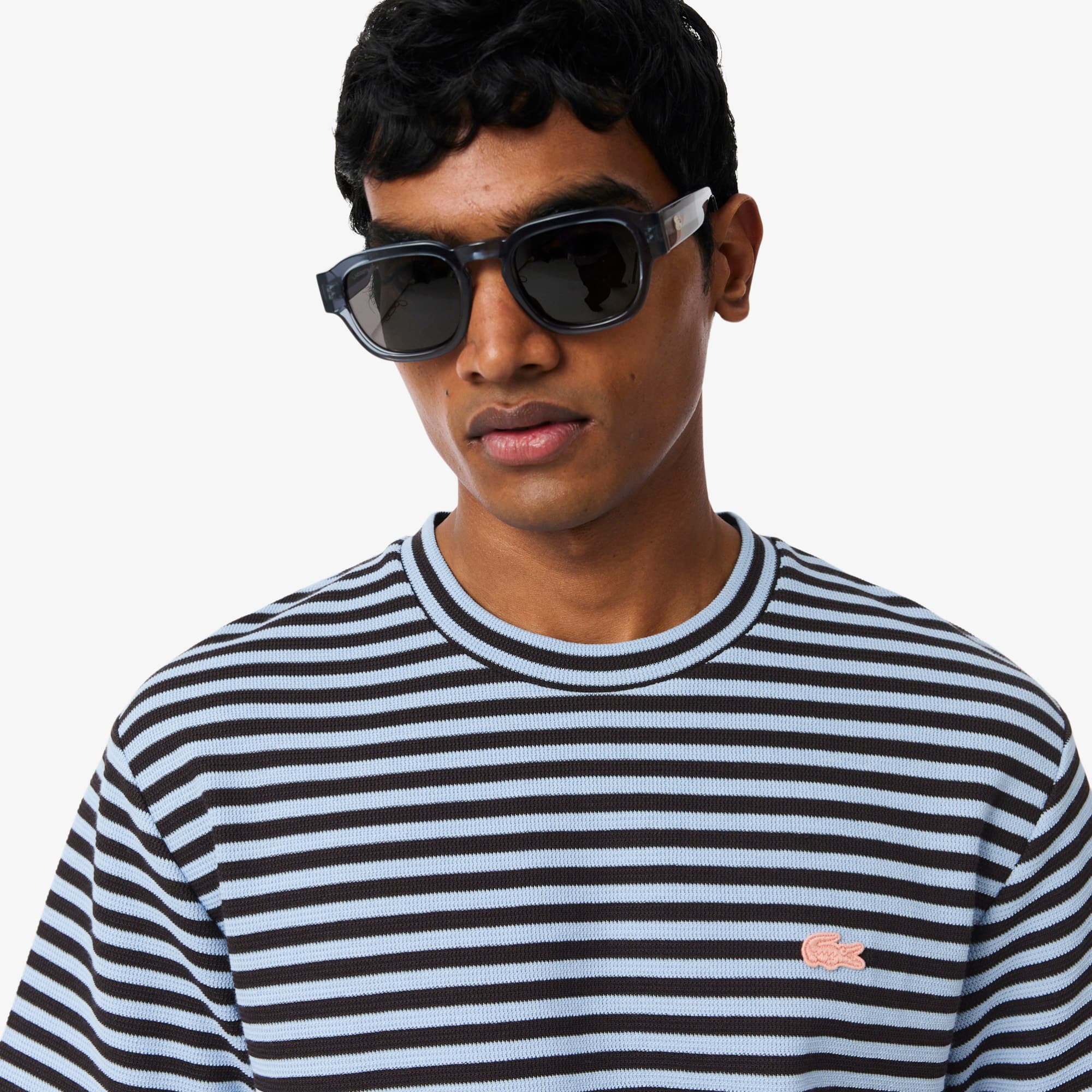 Textured Striped Cotton T-Shirt - Bleu Clair / Marron