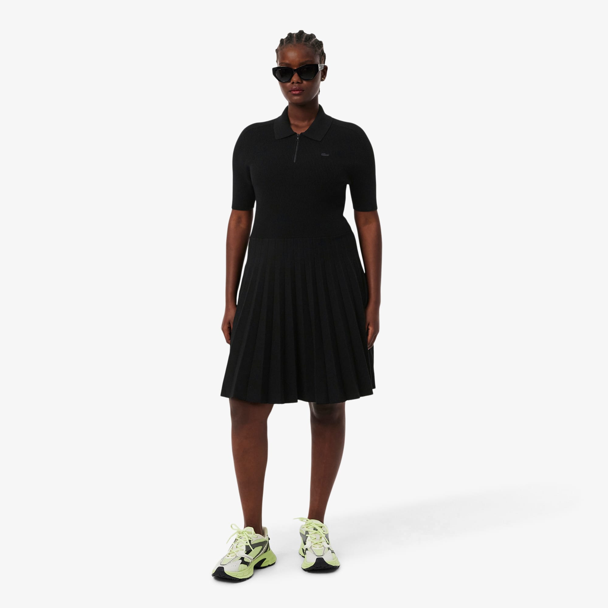 Women's Pleated Polo Collar Dress - Black