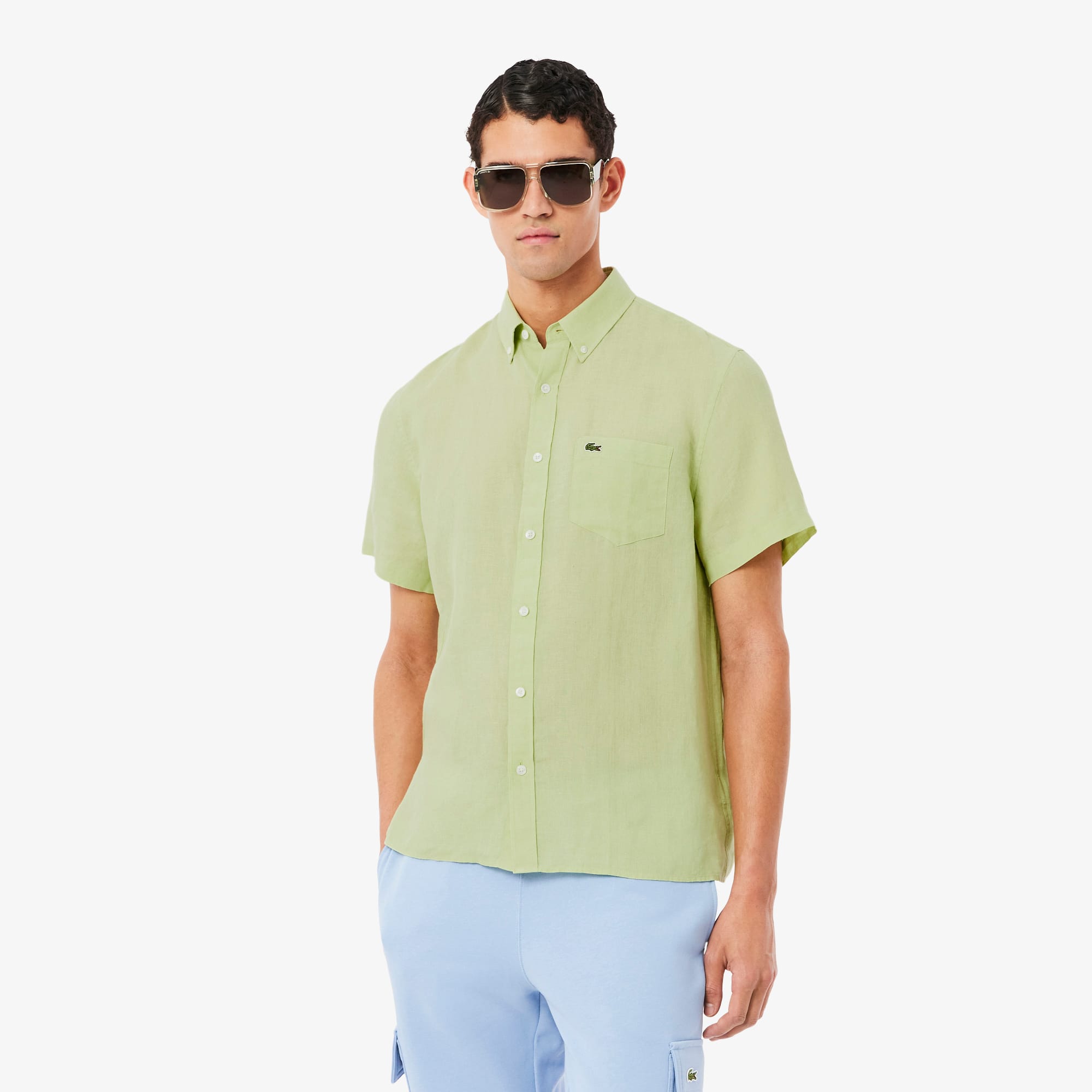 Men's Short Sleeve Linen Shirt - Green