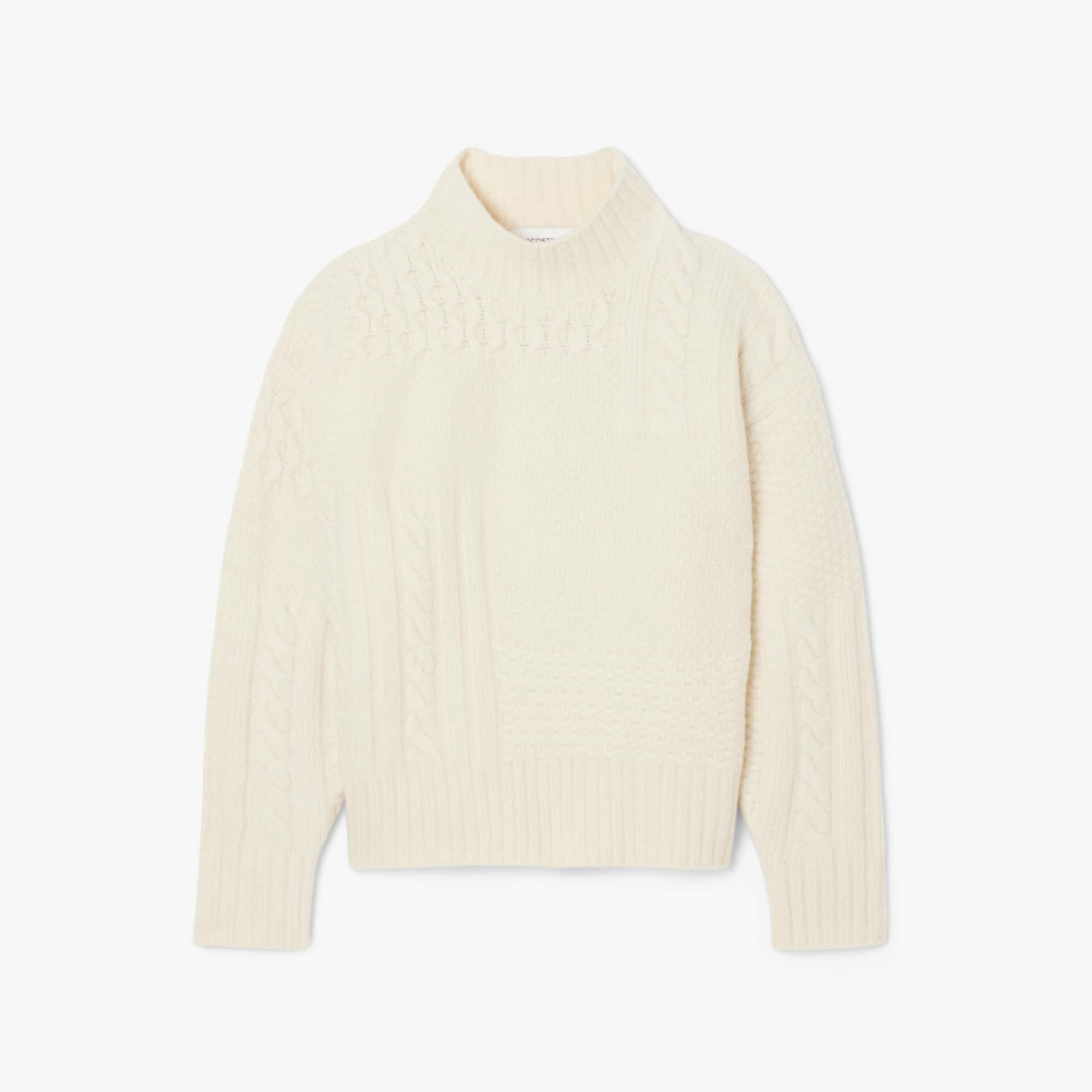 Women's Patchwork Effect High-Neck Wool Sweater - Cream