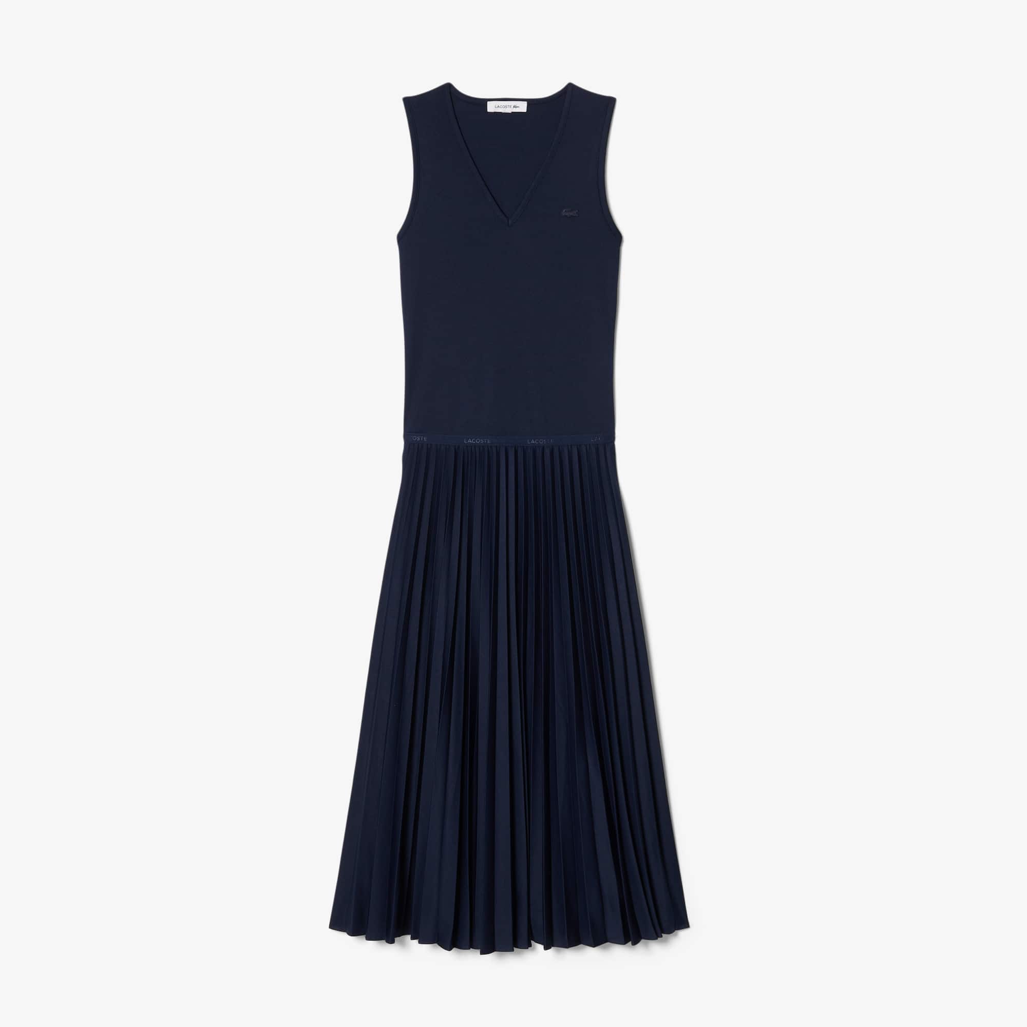 Long Sleeveless Pleated Dress - Navy Blue