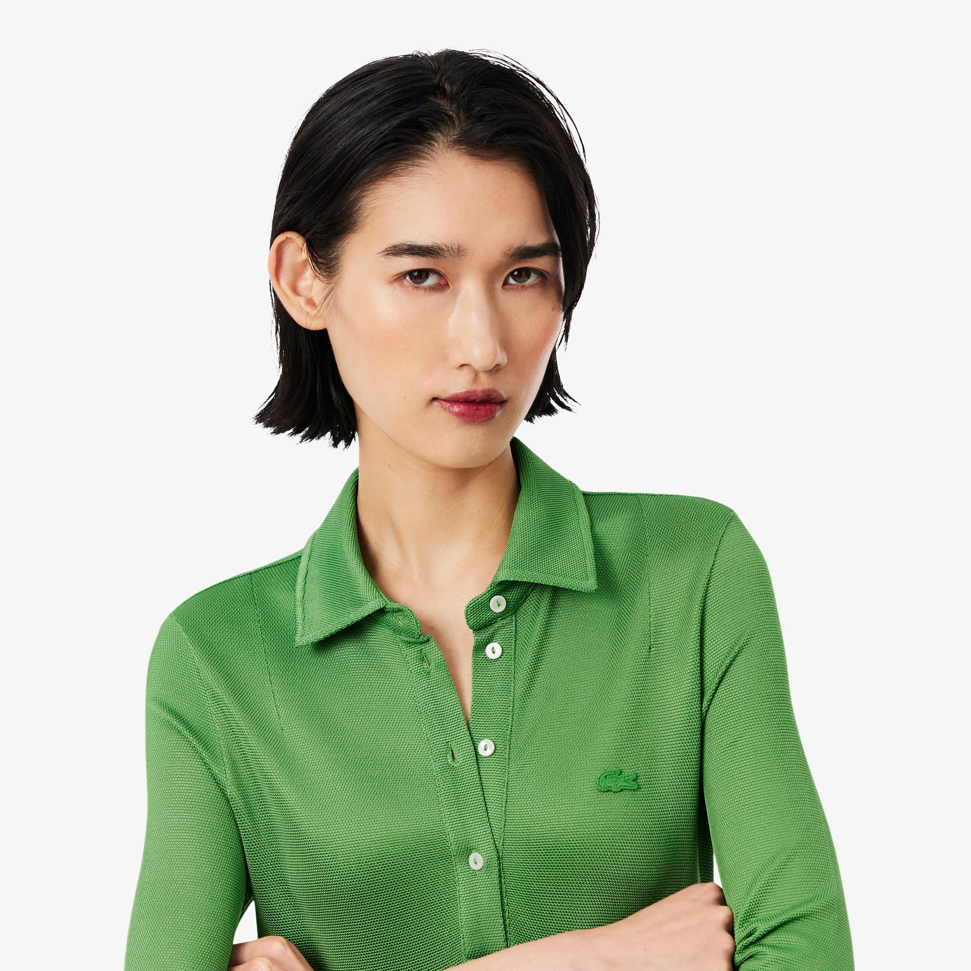 Fluid Satin Piqué Polo Dress - Vert