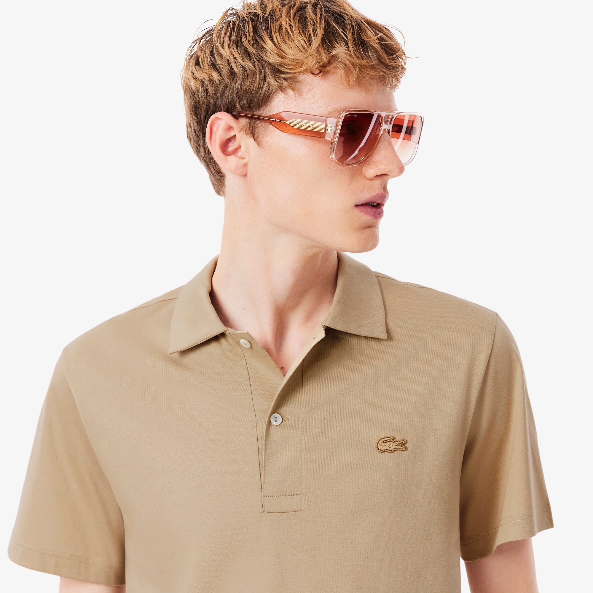 Men's Paris Classic Fit Open Neck Embroidered Polo - Beige