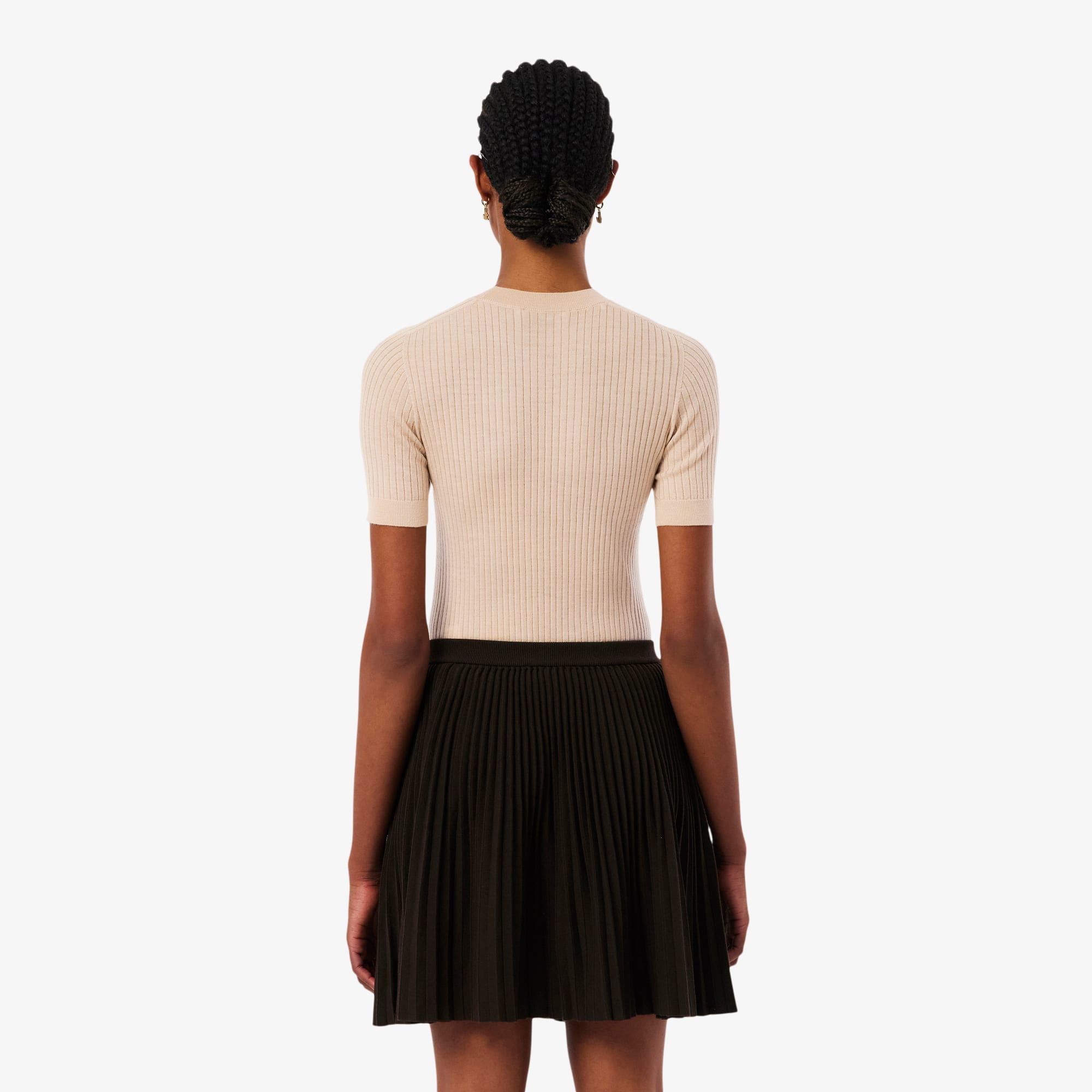 Women's Short Sleeve Merino Wool Rib Knit Sweater - Beige
